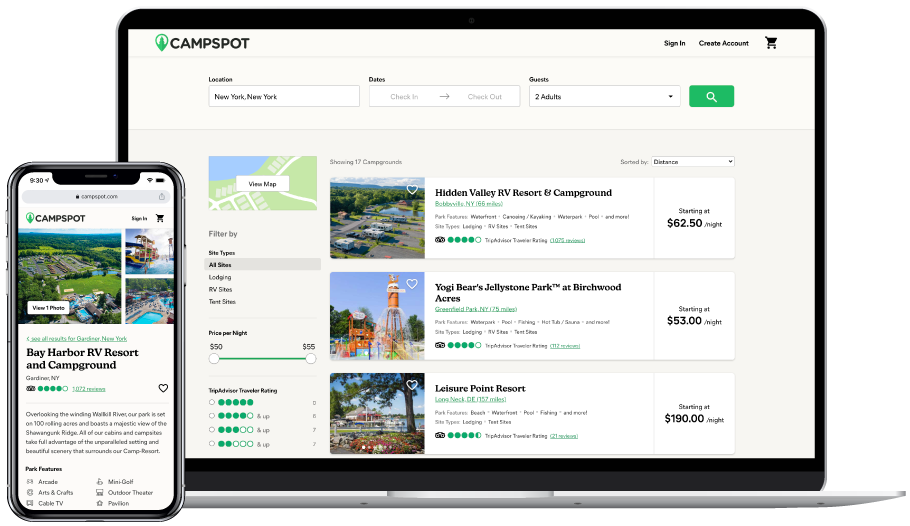 Campspot website shown on mobile and desktop devices.