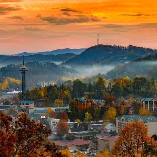 Gatlinburg's skyline in the fall is filled with changing foliage and fog