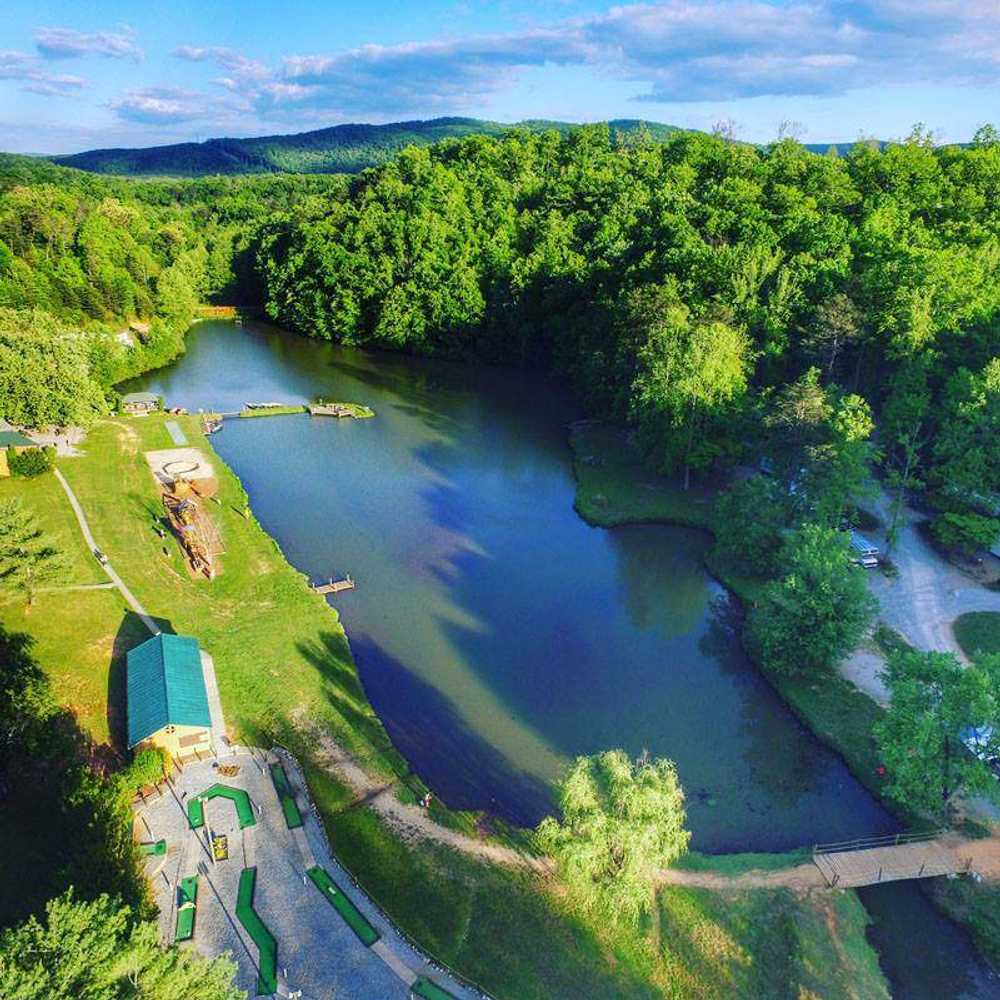 An aerial view of Spacious Skies HIdden Creek RV campground in Marion, NC