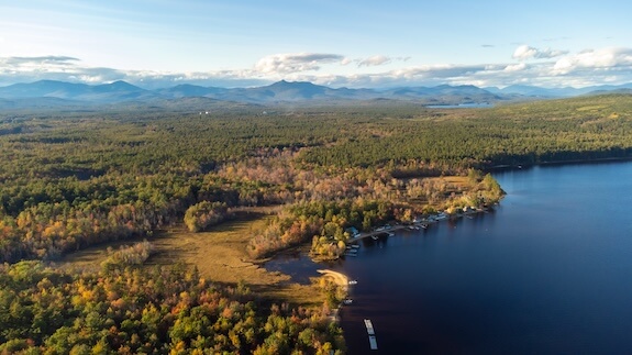 An aerial view of Westward Shores Cottages & RV Resort in West Ossipee, NH