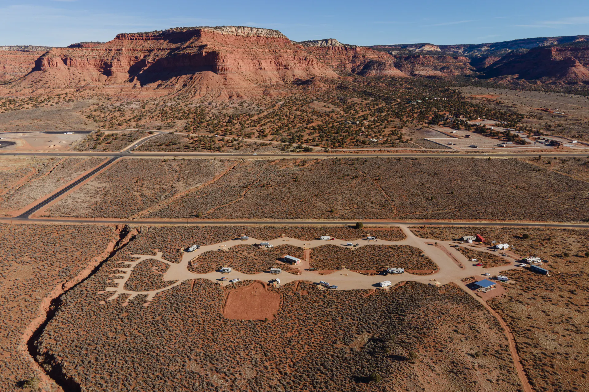 Aerial shot of Dark Sky RV Campground in Kanab, UT