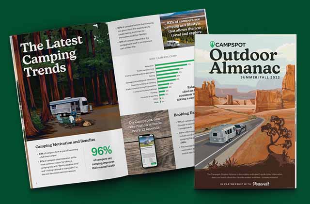 Book cover and page spread of the Campspot Outdoor Almanac