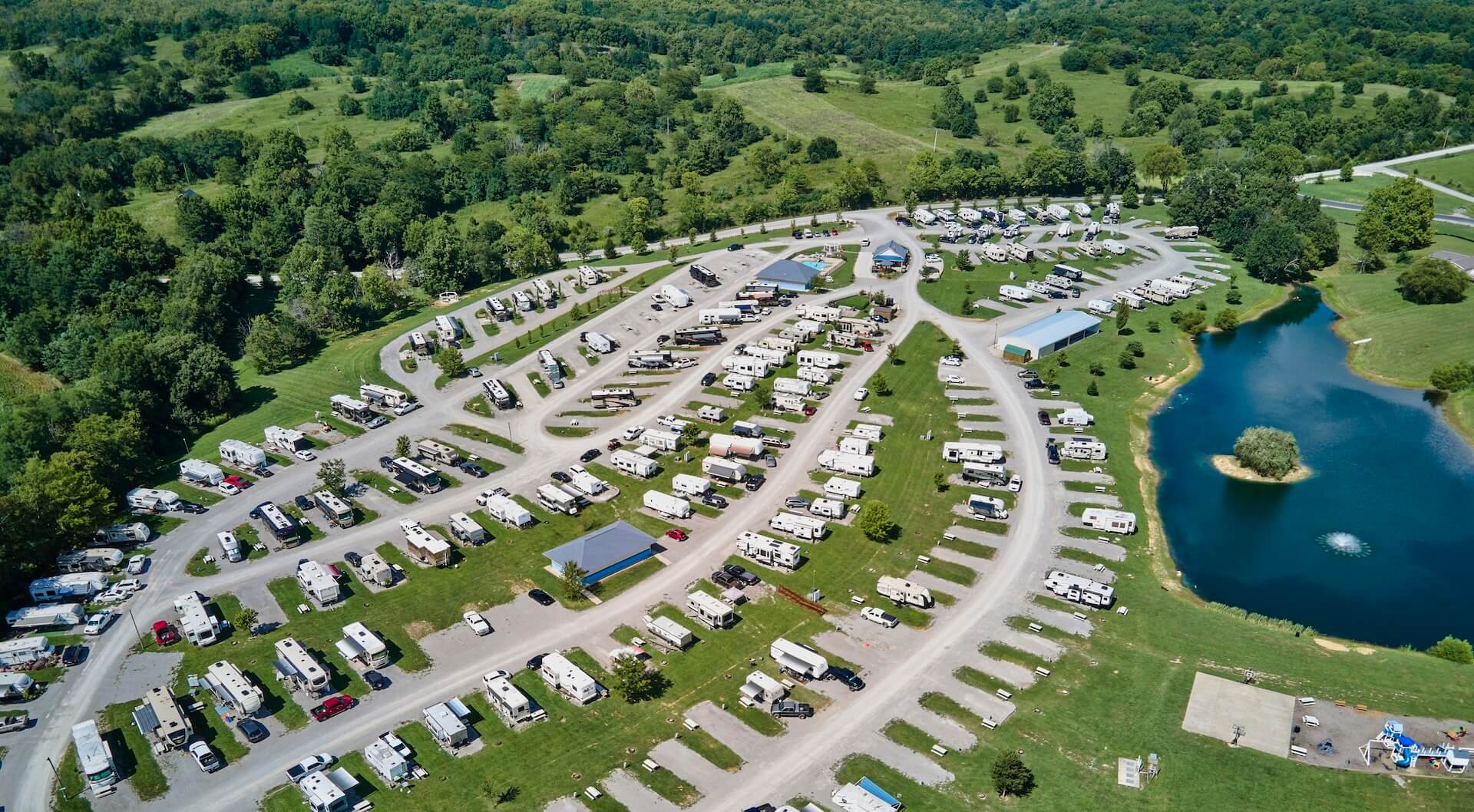 An aerial view looking out across RVs parked at Whispering Hills RV Park in Georgetown, Kentucky